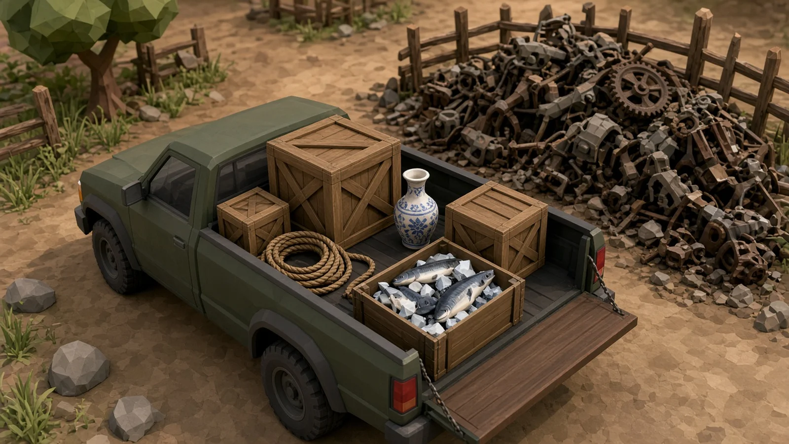 Illustrated cargo crates beside a scrapyard